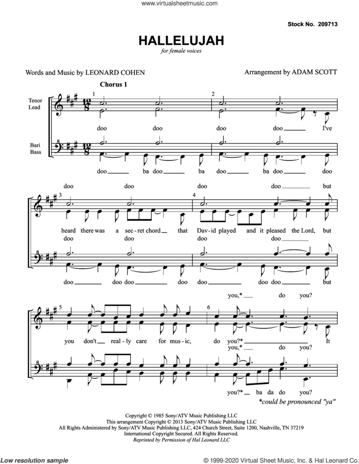 Hallelujah (arr. Adam Scott) sheet music for choir (SSAA: soprano, alto) by John Cale, Adam Scott and Leonard Cohen, intermediate skill level