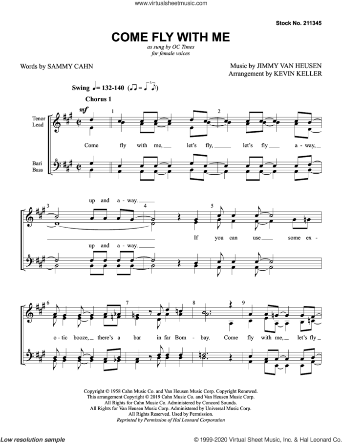 Come Fly with Me (arr. Kevin Keller) sheet music for choir (SSAA: soprano, alto) by OC Times, Kevin Keller, Frank Sinatra, Jimmy Van Heusen and Sammy Cahn, intermediate skill level