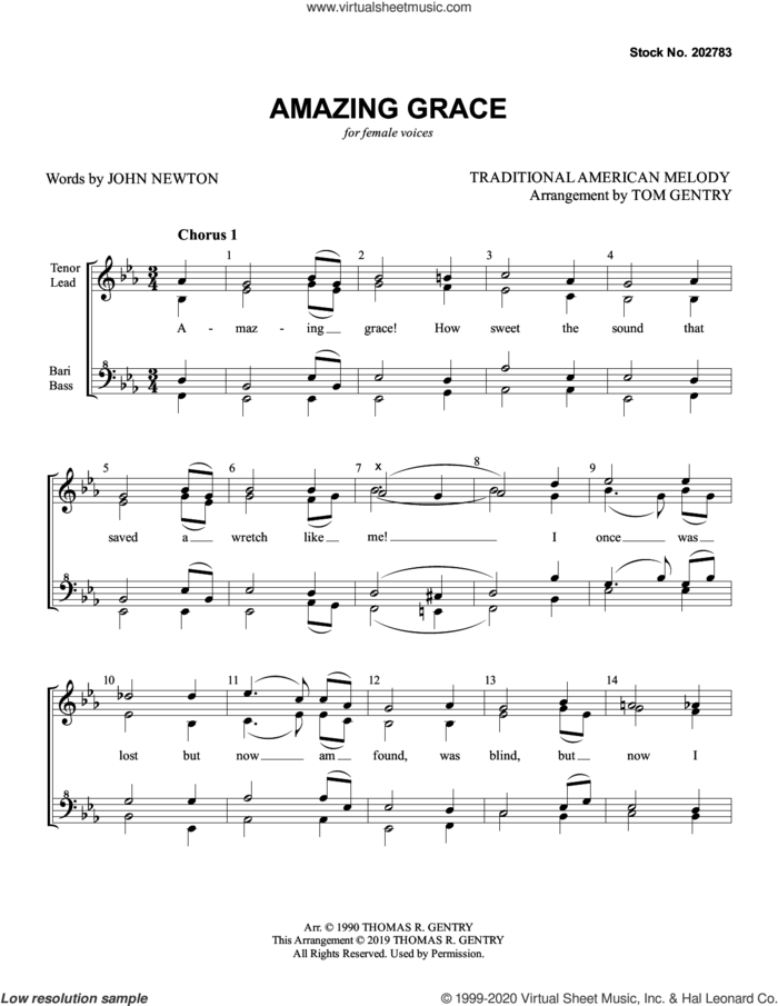 Amazing Grace (arr. Tom Gentry) sheet music for choir (SSAA: soprano, alto) by John Newton, Tom Gentry and Miscellaneous, intermediate skill level