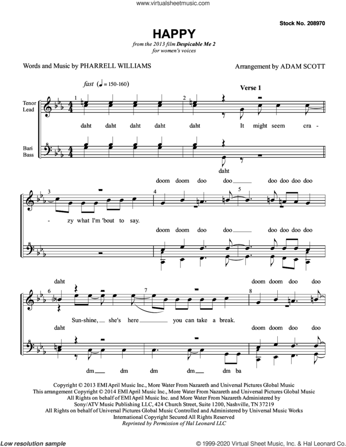 Happy (from Despicable Me 2) (arr. Adam Scott) sheet music for choir (SSAA: soprano, alto) by Pharrell Williams and Adam Scott, intermediate skill level