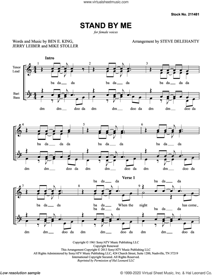 Stand By Me (arr. Steve Delehanty) sheet music for choir (SSAA: soprano, alto) by Ben E. King, Steve Delehanty, Jerry Leiber and Mike Stoller, intermediate skill level