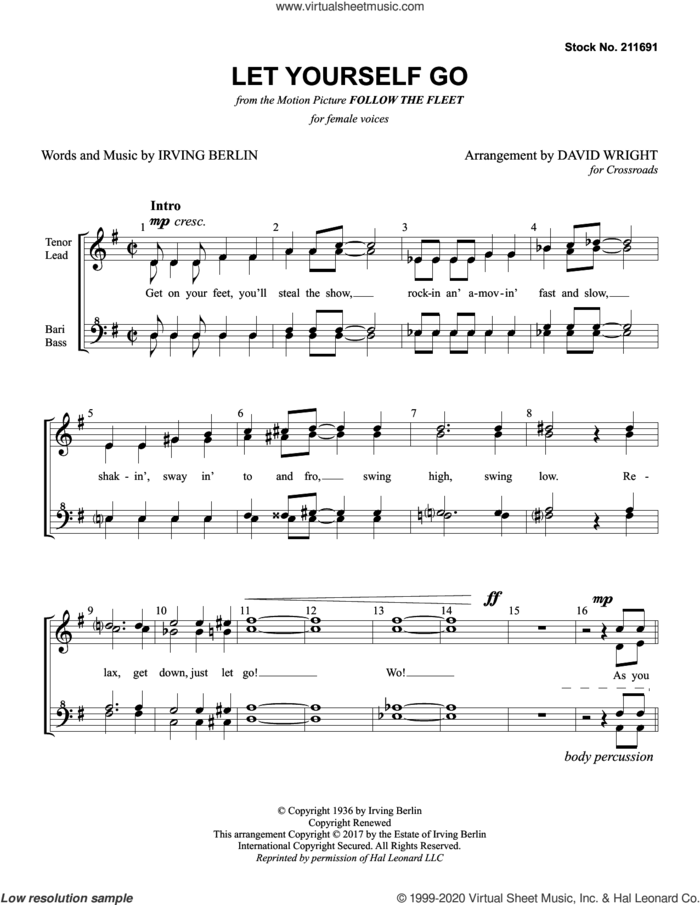 Let Yourself Go (arr. David Wright) sheet music for choir (SSAA: soprano, alto) by Crossroads, David Wright and Irving Berlin, intermediate skill level
