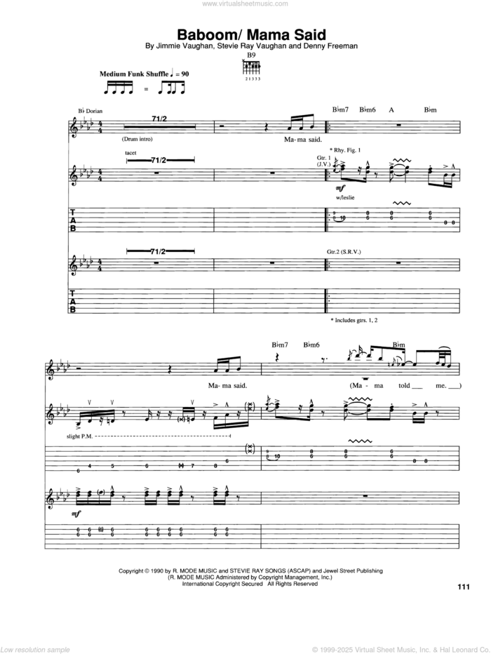 Baboom/Mama Said sheet music for guitar (tablature) by The Vaughan Brothers, Denny Freeman, Jimmie Vaughan and Stevie Ray Vaughan, intermediate skill level