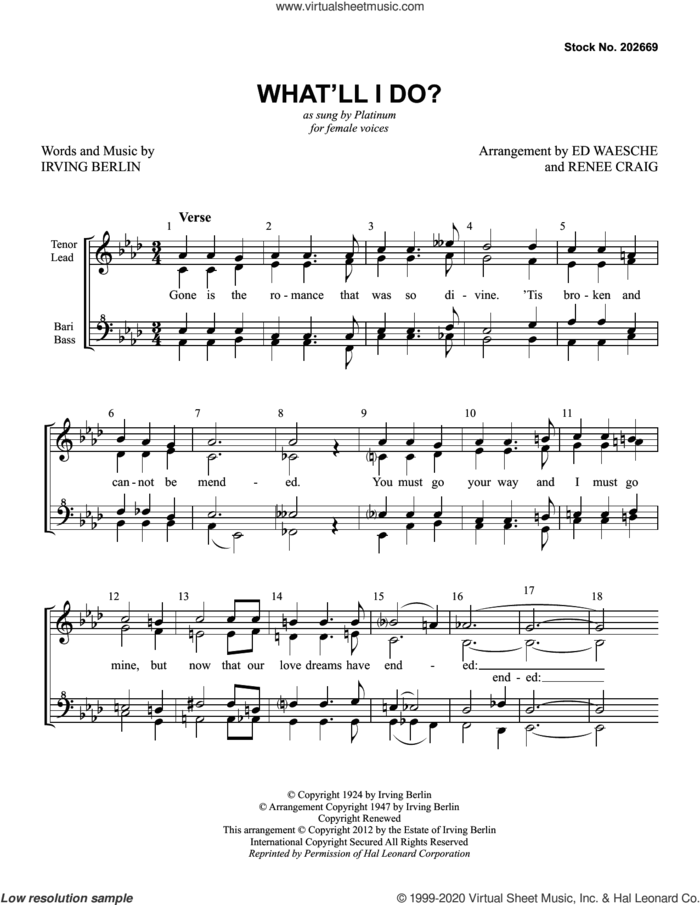 What'll I Do? (arr. Ed Waesche and Renee Craig) sheet music for choir (SSAA: soprano, alto) by Platinum, Ed Waesche, Renee Craig and Irving Berlin, intermediate skill level