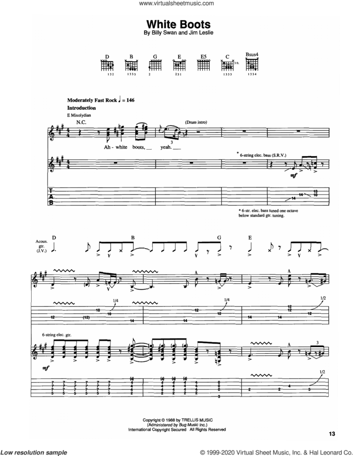 White Boots sheet music for guitar (tablature) by The Vaughan Brothers, Jimmie Vaughan, Stevie Ray Vaughan, Billy Swan and Jim Leslie, intermediate skill level