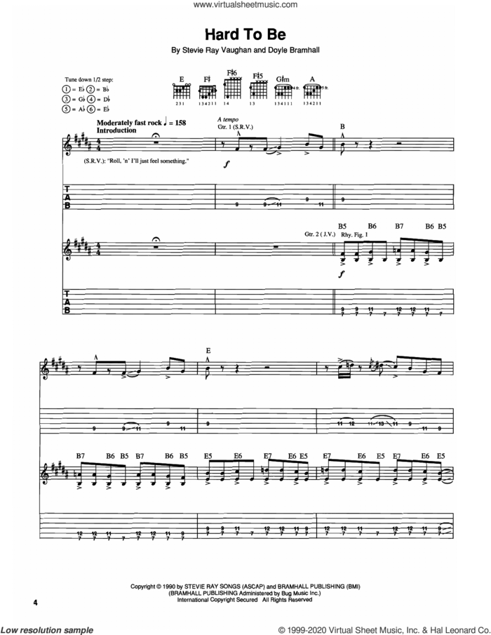 Hard To Be sheet music for guitar (tablature) by The Vaughan Brothers, Jimmie Vaughan, Doyle Bramhall and Stevie Ray Vaughan, intermediate skill level