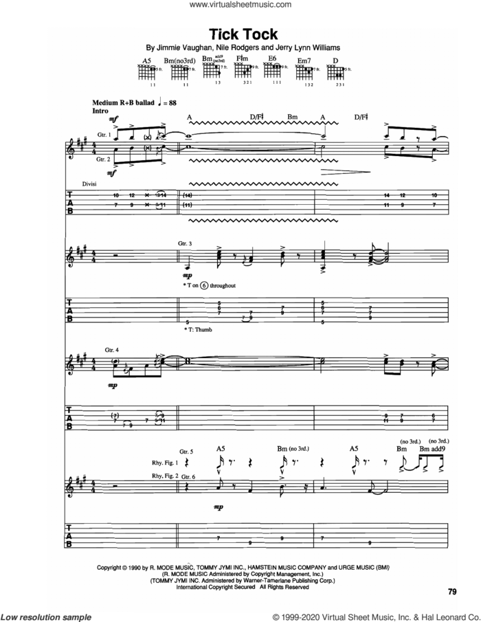 Tick Tock sheet music for guitar (tablature) by The Vaughan Brothers, Stevie Ray Vaughan, Jerry Lynn Williams, Jimmie Vaughan and Nile Rodgers, intermediate skill level