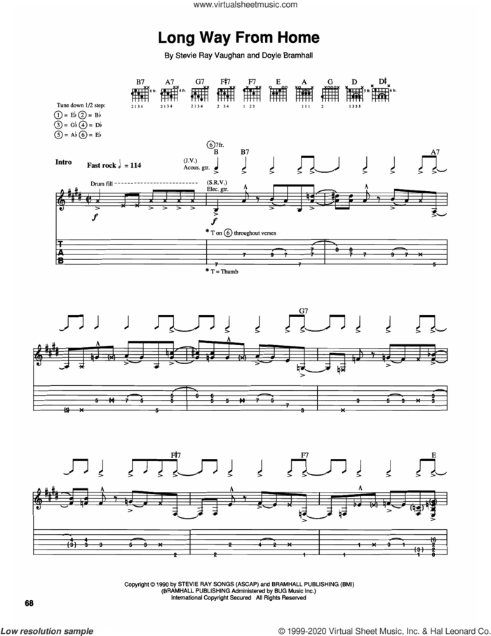 Long Way From Home sheet music for guitar (tablature) by The Vaughan Brothers, Jimmie Vaughan, Doyle Bramhall and Stevie Ray Vaughan, intermediate skill level