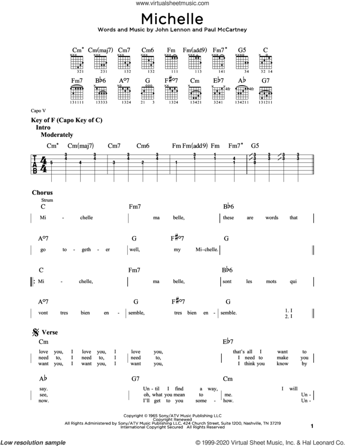 Michelle sheet music for guitar (rhythm tablature) by The Beatles, John Lennon and Paul McCartney, intermediate skill level