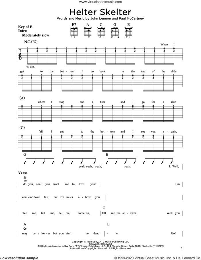Helter Skelter sheet music for guitar (rhythm tablature) by The Beatles, John Lennon and Paul McCartney, intermediate skill level