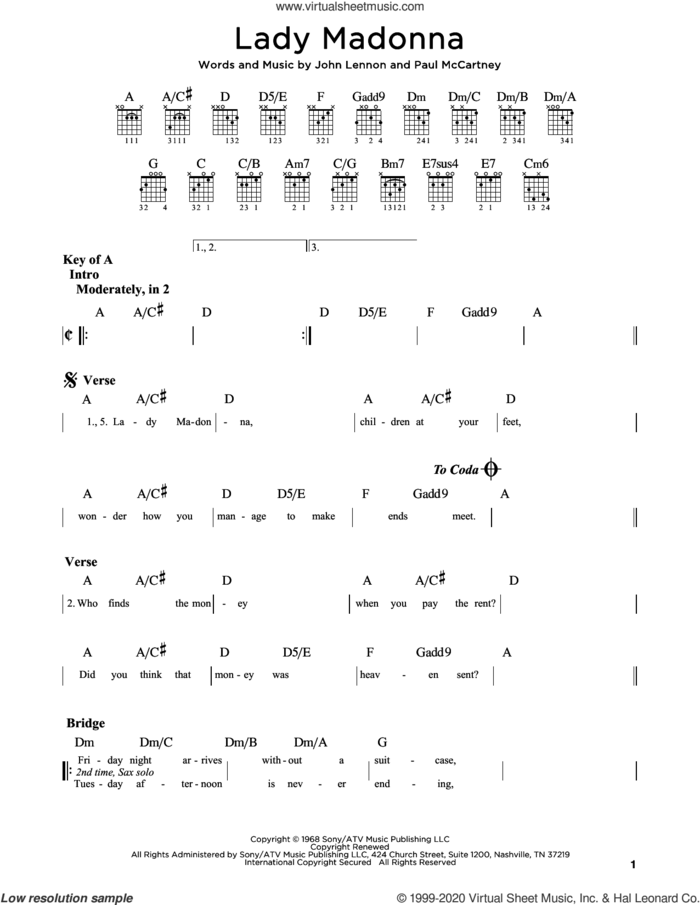 Lady Madonna sheet music for guitar (rhythm tablature) by The Beatles, John Lennon and Paul McCartney, intermediate skill level