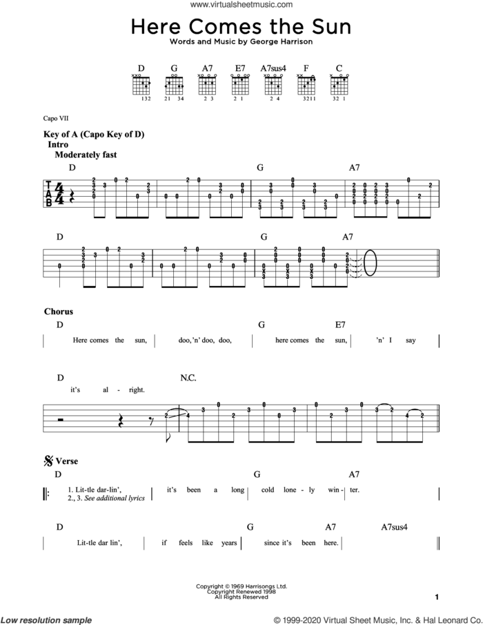 Here Comes The Sun sheet music for guitar (rhythm tablature) by The Beatles and George Harrison, intermediate skill level