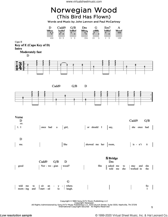 Norwegian Wood (This Bird Has Flown) sheet music for guitar (rhythm tablature) by The Beatles, John Lennon and Paul McCartney, intermediate skill level