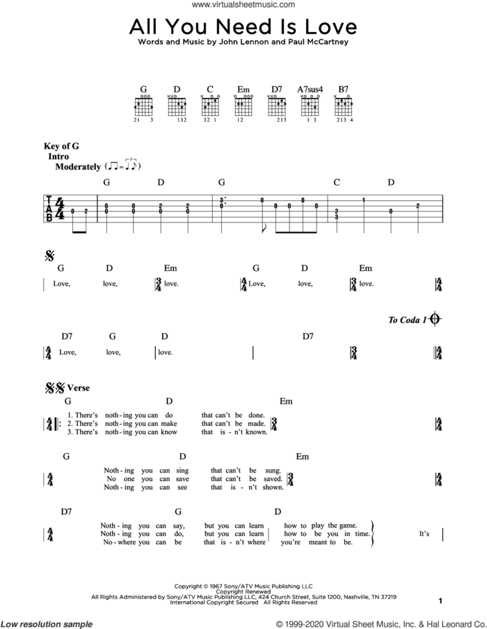 All You Need Is Love sheet music for guitar (rhythm tablature) by The Beatles, John Lennon and Paul McCartney, wedding score, intermediate skill level