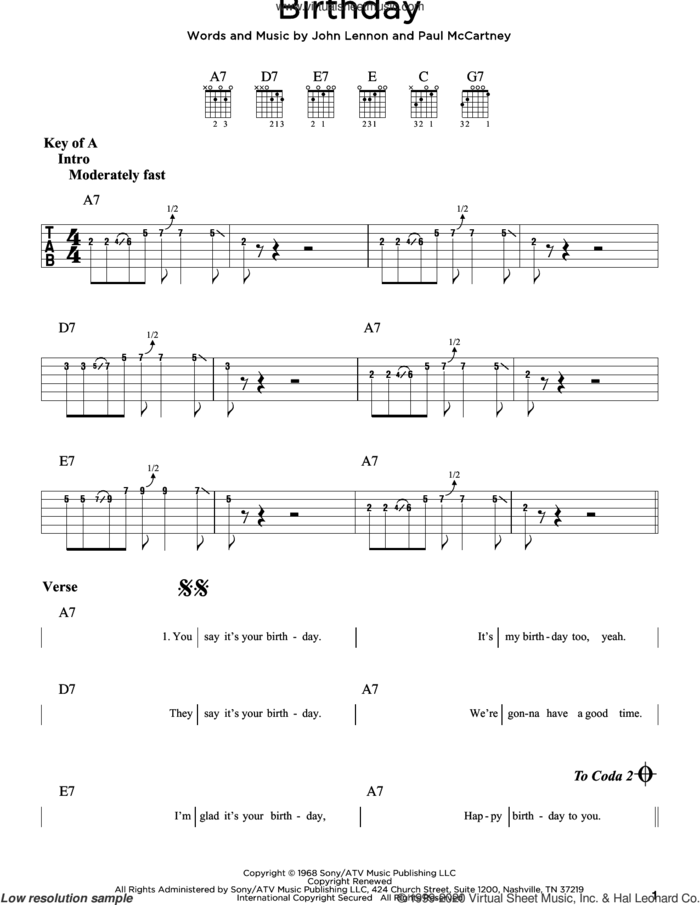 Birthday sheet music for guitar (rhythm tablature) by The Beatles, John Lennon and Paul McCartney, intermediate skill level