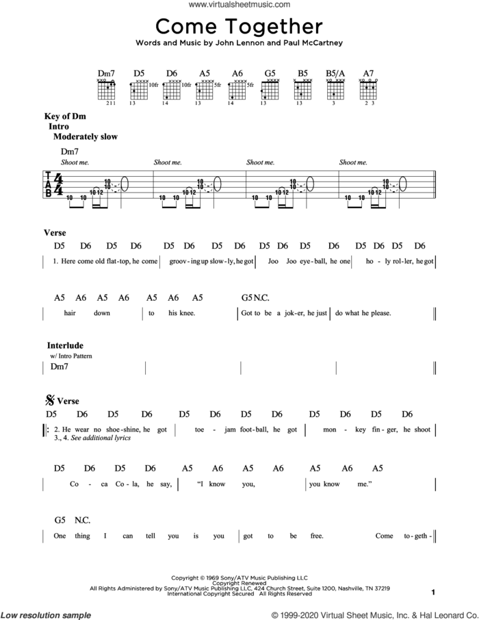 Come Together sheet music for guitar (rhythm tablature) by The Beatles, John Lennon and Paul McCartney, intermediate skill level