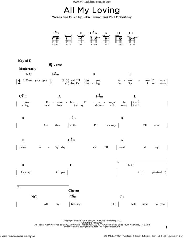 All My Loving sheet music for guitar (rhythm tablature) by The Beatles, John Lennon and Paul McCartney, intermediate skill level