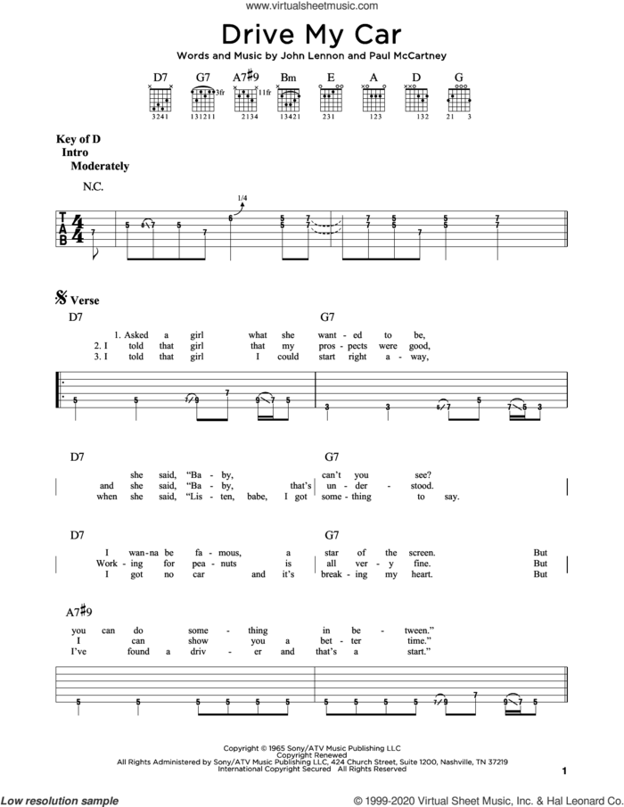 Drive My Car sheet music for guitar (rhythm tablature) by The Beatles, John Lennon and Paul McCartney, intermediate skill level