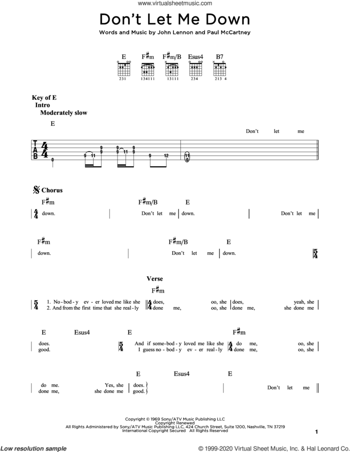Don't Let Me Down sheet music for guitar (rhythm tablature) by The Beatles, John Lennon and Paul McCartney, intermediate skill level