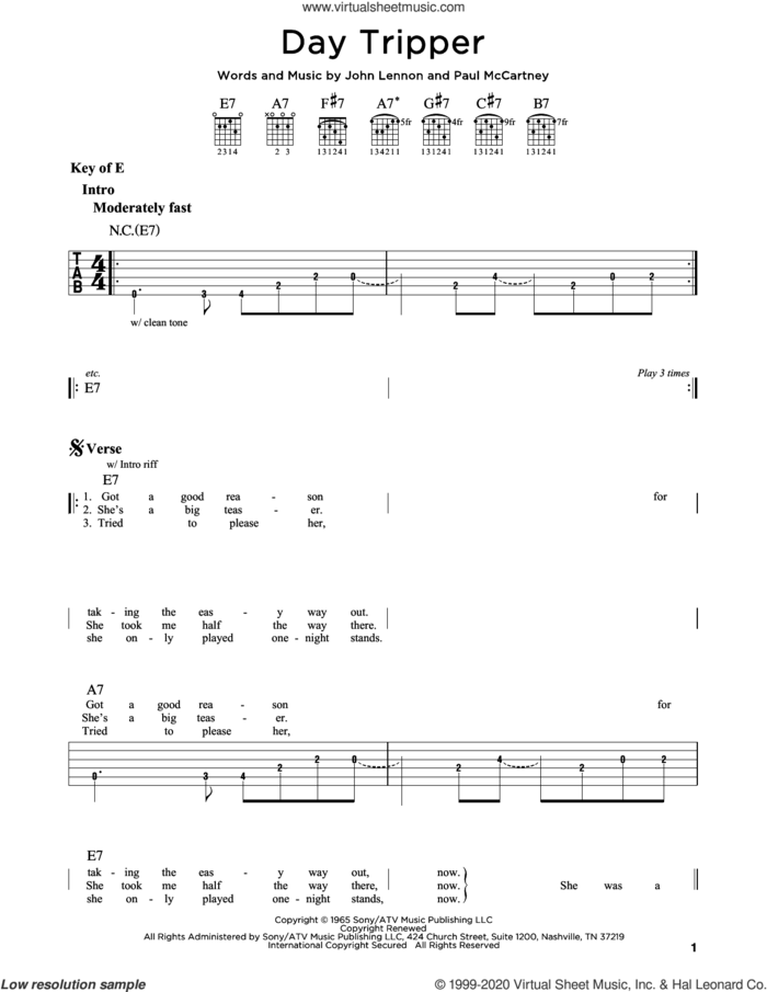 Day Tripper sheet music for guitar (rhythm tablature) by The Beatles, John Lennon and Paul McCartney, intermediate skill level