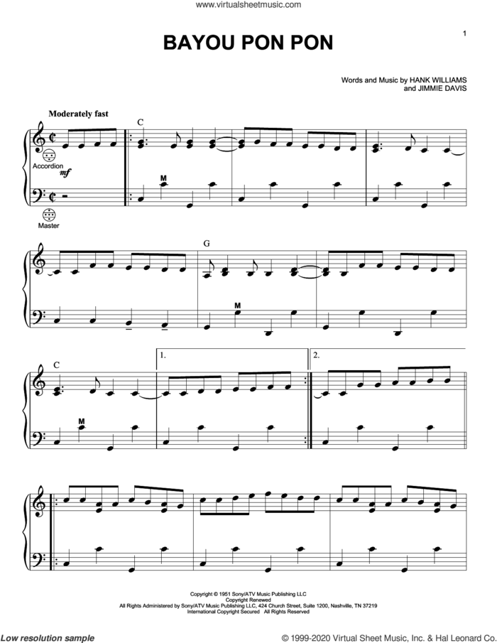 Bayou Pon Pon sheet music for accordion by Hank Williams and Jimmie Davis, intermediate skill level
