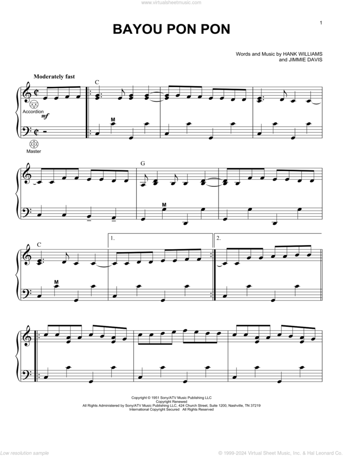 Bayou Pon Pon sheet music for accordion by Hank Williams and Jimmie Davis, intermediate skill level