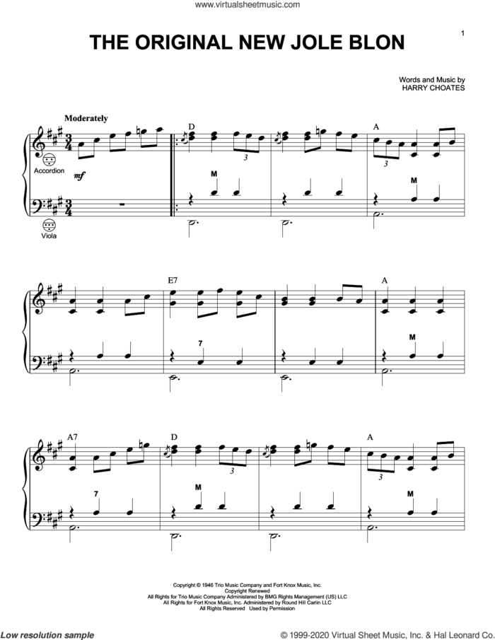 The Original New Jole Blon sheet music for accordion by Harry Choates, intermediate skill level