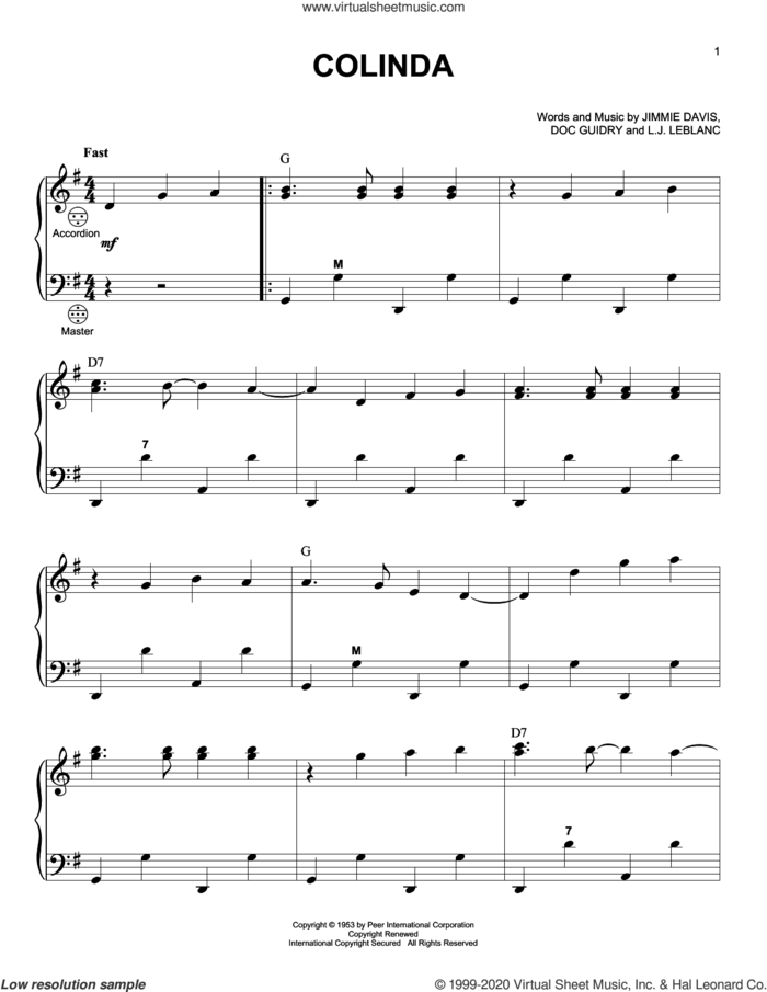 Colinda sheet music for accordion by Jimmie Davis, Doc Guidry and James LeBlanc, intermediate skill level