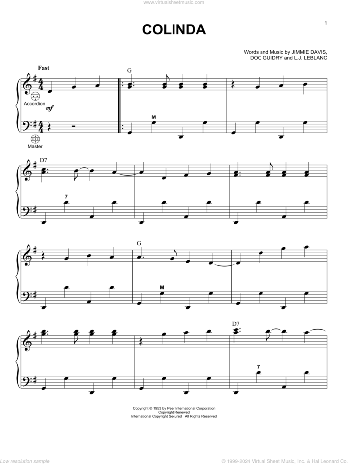 Colinda sheet music for accordion by Jimmie Davis, Doc Guidry and James LeBlanc, intermediate skill level