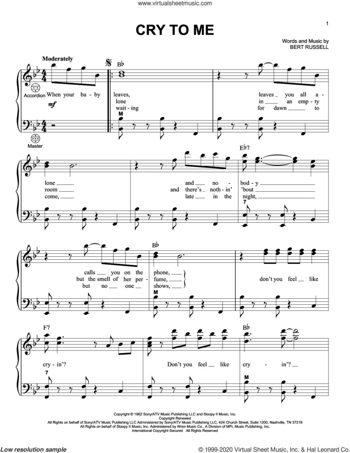 Cry To Me sheet music for accordion by Bert Russell, intermediate skill level