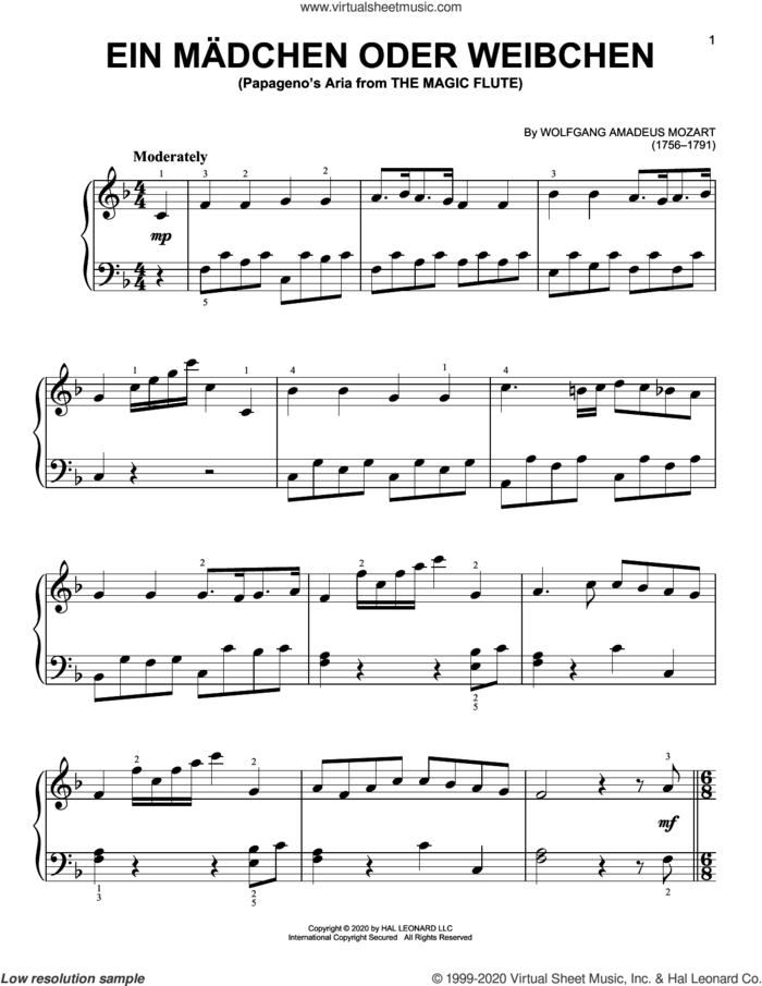 Ein Madchen Oder Weibchen, (beginner) sheet music for piano solo by Wolfgang Amadeus Mozart, classical score, beginner skill level