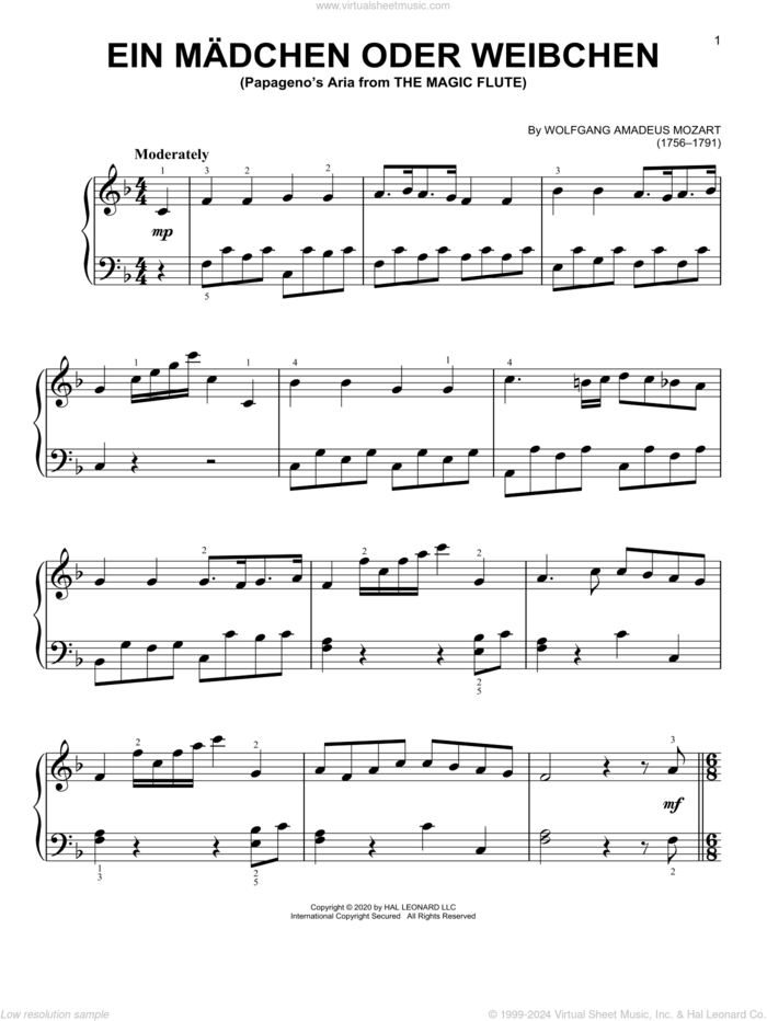 Ein Madchen Oder Weibchen, (beginner) sheet music for piano solo by Wolfgang Amadeus Mozart, classical score, beginner skill level