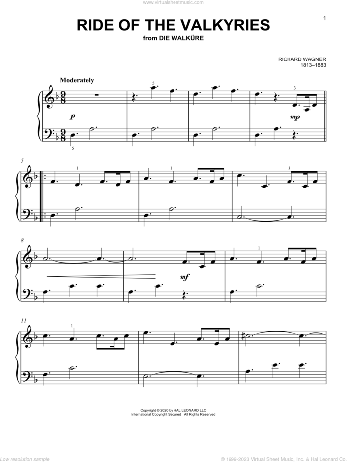 Ride Of The Valkyries, (beginner) sheet music for piano solo by Richard Wagner, classical score, beginner skill level