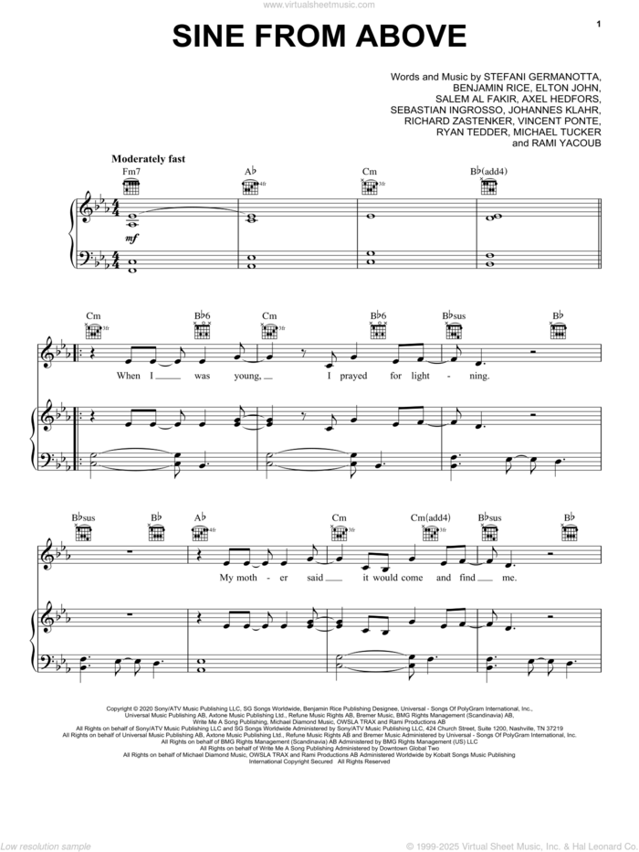 Sine From Above sheet music for voice, piano or guitar by Lady Gaga & Elton John, Axel Hedfors, Benjamin Rice, Elton John, Johannes Klahr, Lady Gaga, Matthew Burns, Michael Tucker, Rami, Richard Zastenker, Ryan Tedder, Salem Al Fakir, Sebastian Ingrosso and Vincent Pontare, intermediate skill level