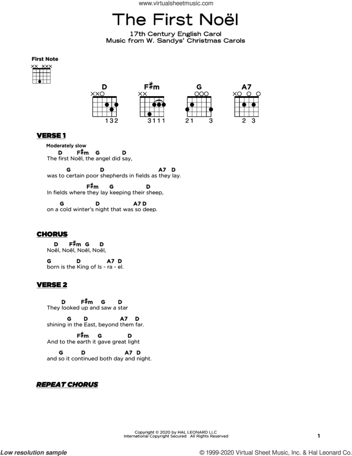 The First Noel sheet music for guitar solo by W. Sandys' Christmas Carols and Miscellaneous, beginner skill level