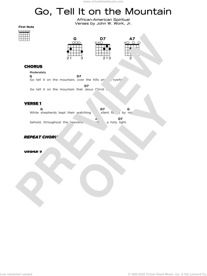 Go, Tell It On The Mountain sheet music for guitar solo by John W. Work, Jr. and Miscellaneous, beginner skill level