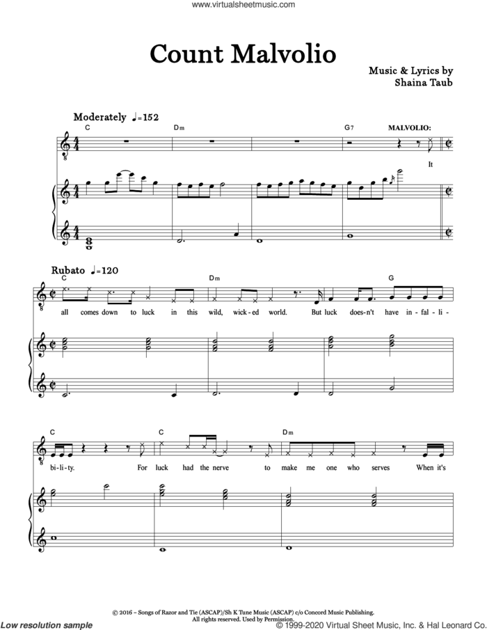 Count Malvolio (from Twelfth Night) sheet music for voice and piano by Shaina Taub, intermediate skill level