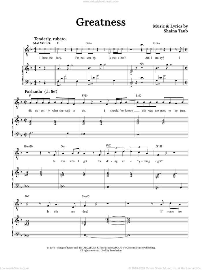 Greatness (from Twelfth Night) sheet music for voice and piano by Shaina Taub, intermediate skill level