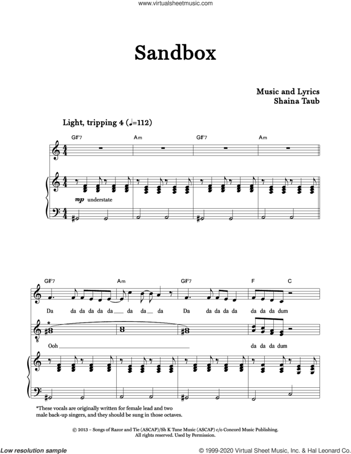 Sandbox sheet music for voice and piano by Shaina Taub Trio and Shaina Taub, intermediate skill level
