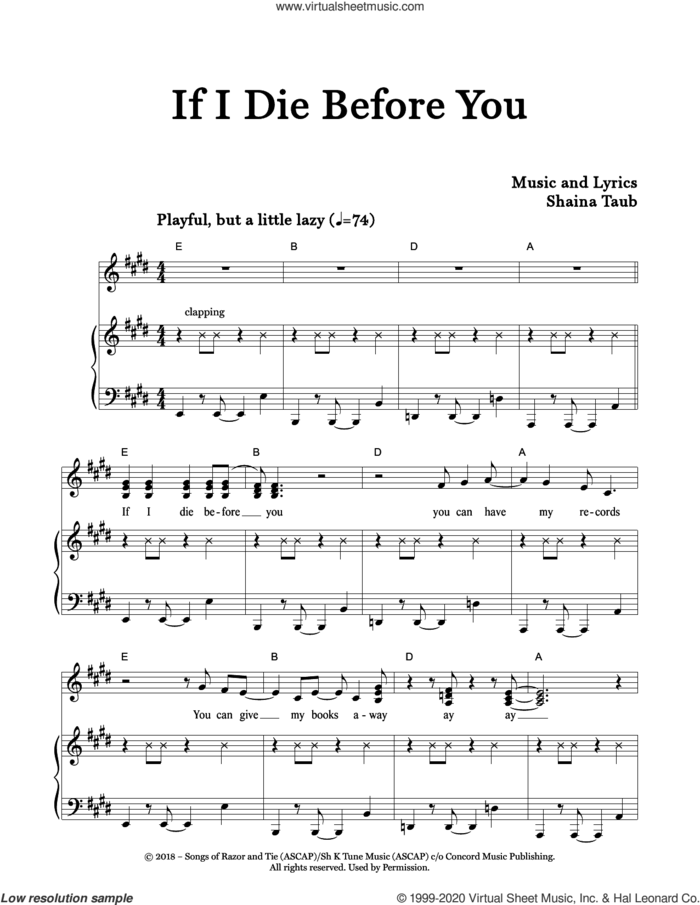 If I Die Before You sheet music for voice and piano by Shaina Taub, intermediate skill level