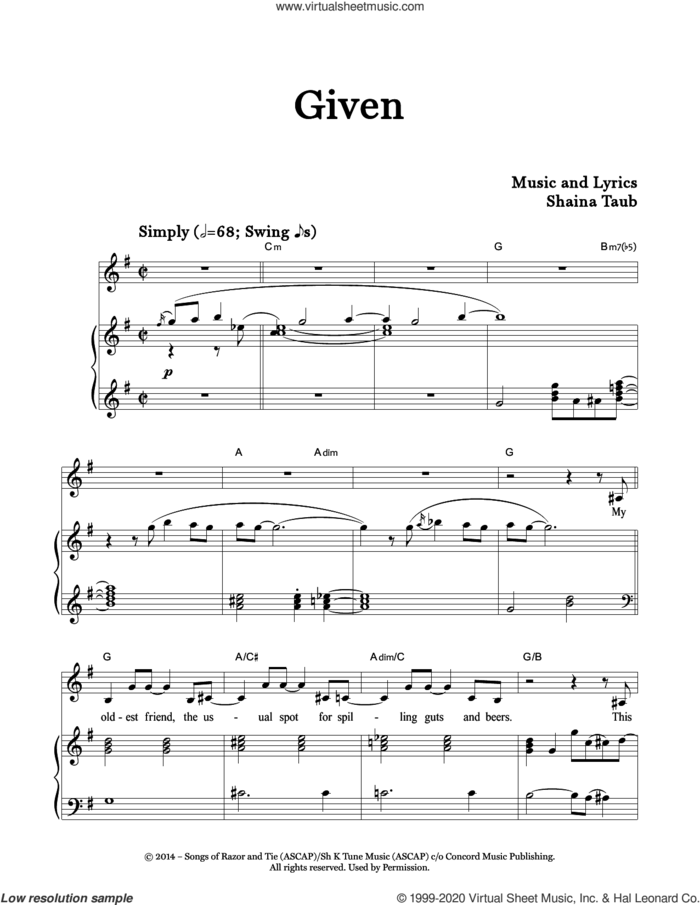 Given sheet music for voice and piano by Shaina Taub, intermediate skill level