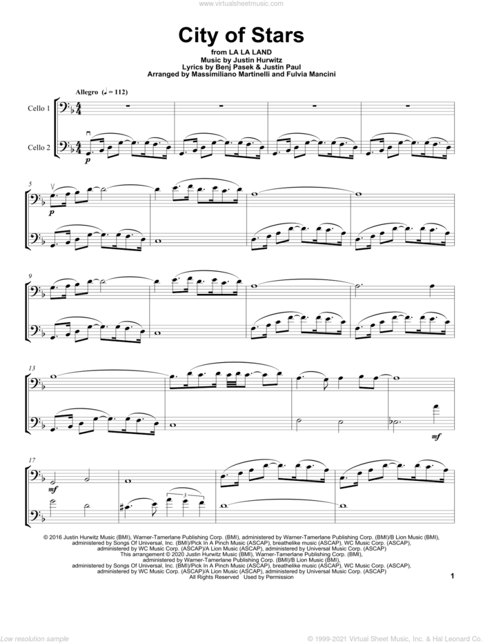 City Of Stars (from La La Land) sheet music for two cellos (duet, duets) by Mr. & Mrs. Cello, Benj Pasek, Justin Hurwitz and Justin Paul, classical score, intermediate skill level