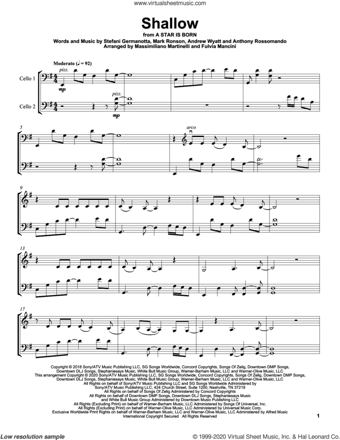 Shallow (from A Star Is Born) sheet music for two cellos (duet, duets) by Mr. & Mrs. Cello, Andrew Wyatt, Anthony Rossomando, Lady Gaga and Mark Ronson, intermediate skill level