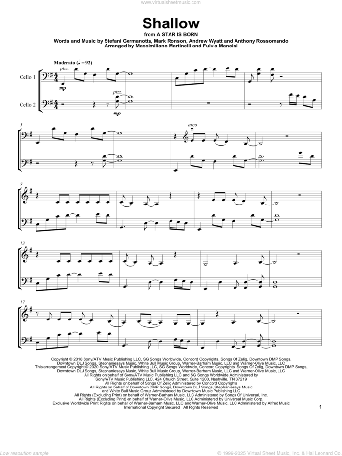 Shallow (from A Star Is Born) sheet music for two cellos (duet, duets) by Mr. & Mrs. Cello, Andrew Wyatt, Anthony Rossomando, Lady Gaga and Mark Ronson, intermediate skill level