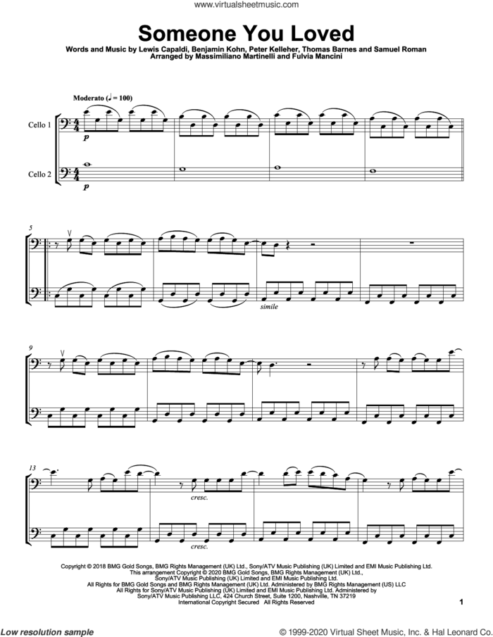 Someone You Loved sheet music for two cellos (duet, duets) by Mr. & Mrs. Cello, Benjamin Kohn, Lewis Capaldi, Peter Kelleher, Samuel Roman and Thomas Barnes, intermediate skill level