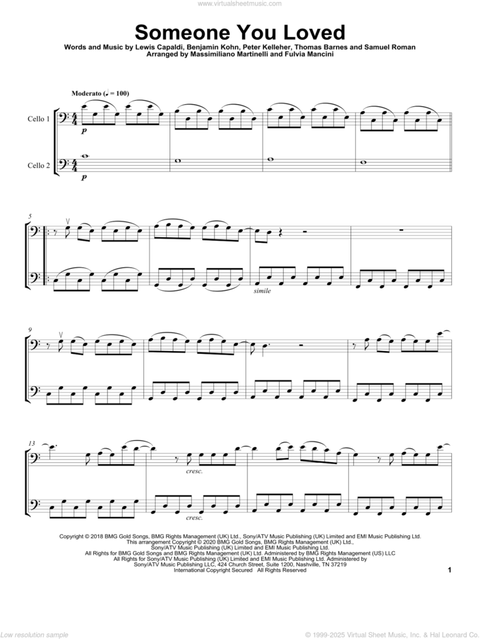 Someone You Loved sheet music for two cellos (duet, duets) by Mr. & Mrs. Cello, Benjamin Kohn, Lewis Capaldi, Peter Kelleher, Samuel Roman and Thomas Barnes, intermediate skill level