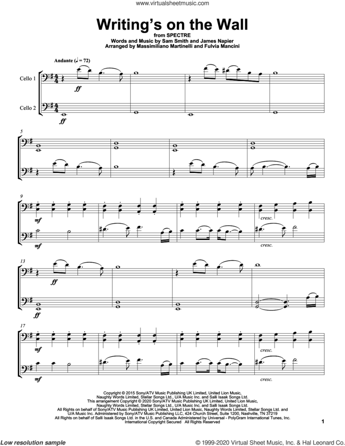 Writing's On The Wall sheet music for two cellos (duet, duets) by Mr. & Mrs. Cello, James Napier and Sam Smith, intermediate skill level