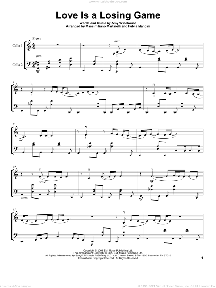 Love Is A Losing Game sheet music for two cellos (duet, duets) by Mr. & Mrs. Cello and Amy Winehouse, intermediate skill level