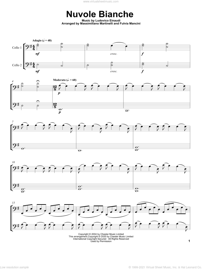 Nuvole Bianche sheet music for two cellos (duet, duets) by Mr. & Mrs. Cello and Ludovico Einaudi, classical score, intermediate skill level