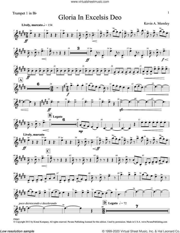 Gloria In Excelsis Deo (Brass Quintet and Percussion Parts) (complete set of parts) sheet music for orchestra/band by Kevin Memley, intermediate skill level
